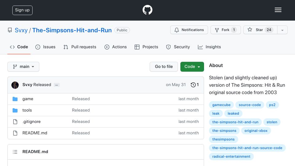 Screenshot of github.com: Simpsons Hit and Run source code (2003)