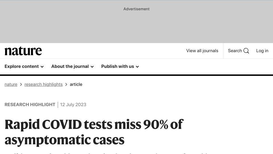 Screenshot of nature.com: Rapid Covid tests miss 90% of asymptomatic cases