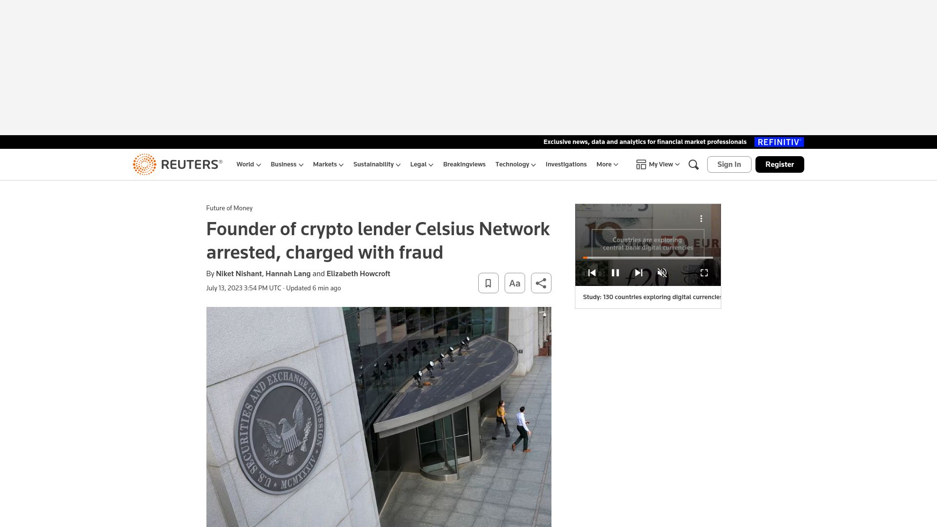 Screenshot of reuters.com: Founder of crypto lender Celsius Network arrested, charged with fraud