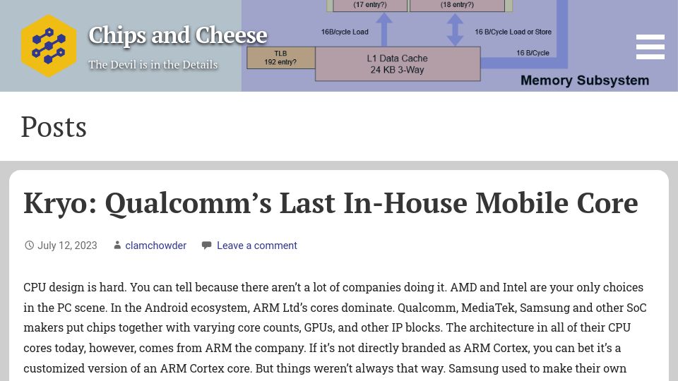 Screenshot of chipsandcheese.com: Kryo: Qualcomm’s Last In-House Mobile Core