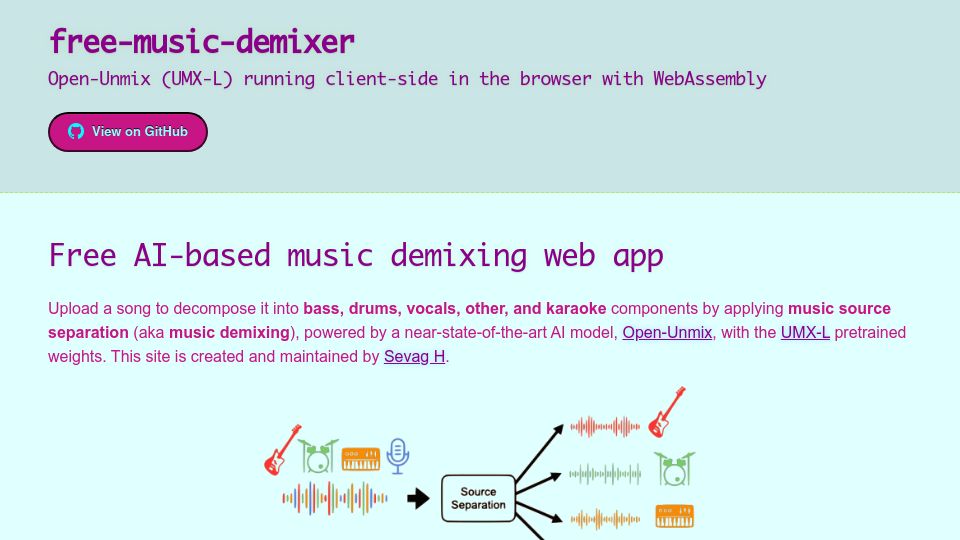 Screenshot of sevag.xyz: Show HN: Free AI-based music demixing in the browser