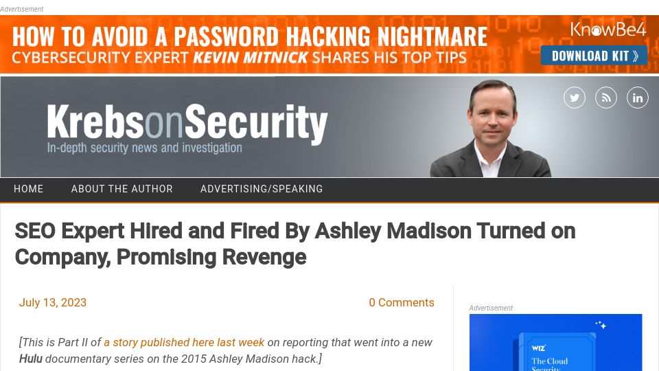 Screenshot of krebsonsecurity.com: SEO expert hired and fired by Ashley Madison turned on company promising revenge