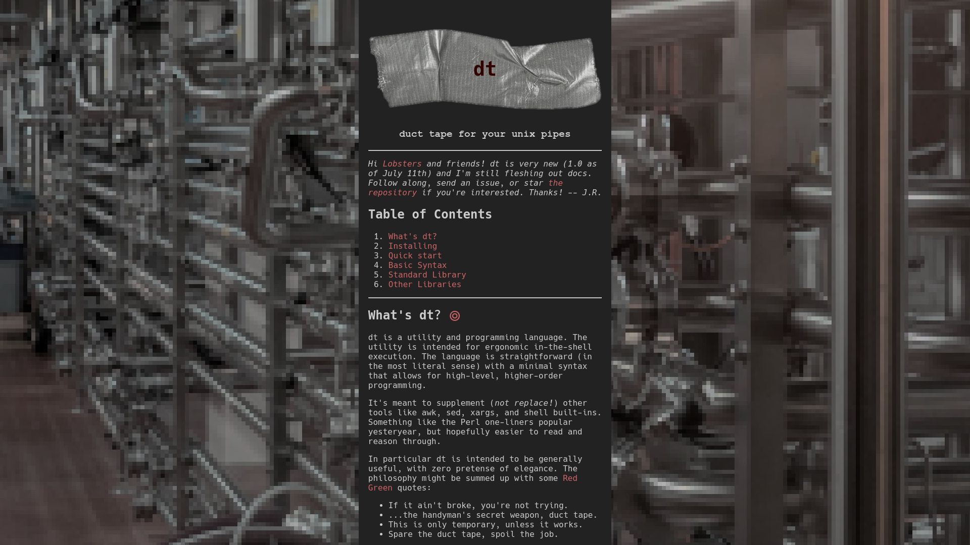 Screenshot of dt.plumbing: Dt: Duck tape for your Unix pipes