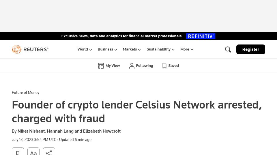 Screenshot of reuters.com: Founder of crypto lender Celsius Network arrested, charged with fraud