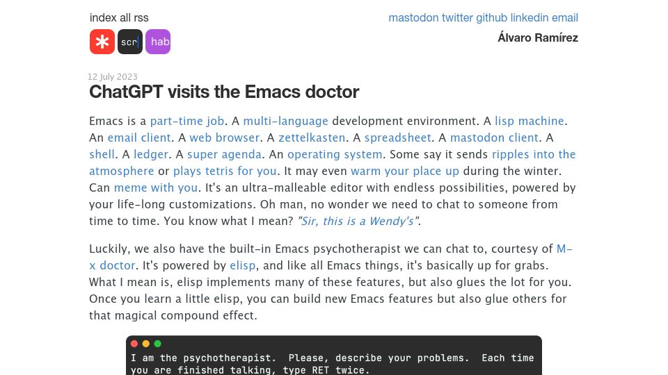 Screenshot of xenodium.com: ChatGPT visits the Emacs doctor
