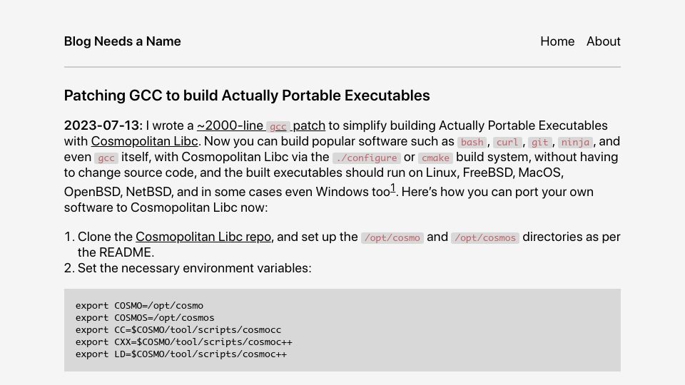 Screenshot of ahgamut.github.io: Patching GCC to build Actually Portable Executables