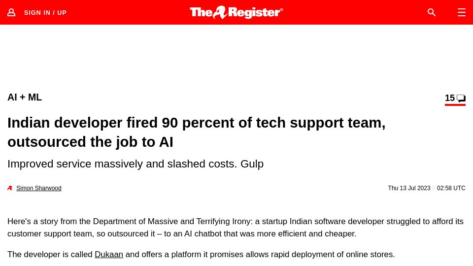 Screenshot of theregister.com: Indian developer fired 90 percent of tech support team, outsourced the job to AI