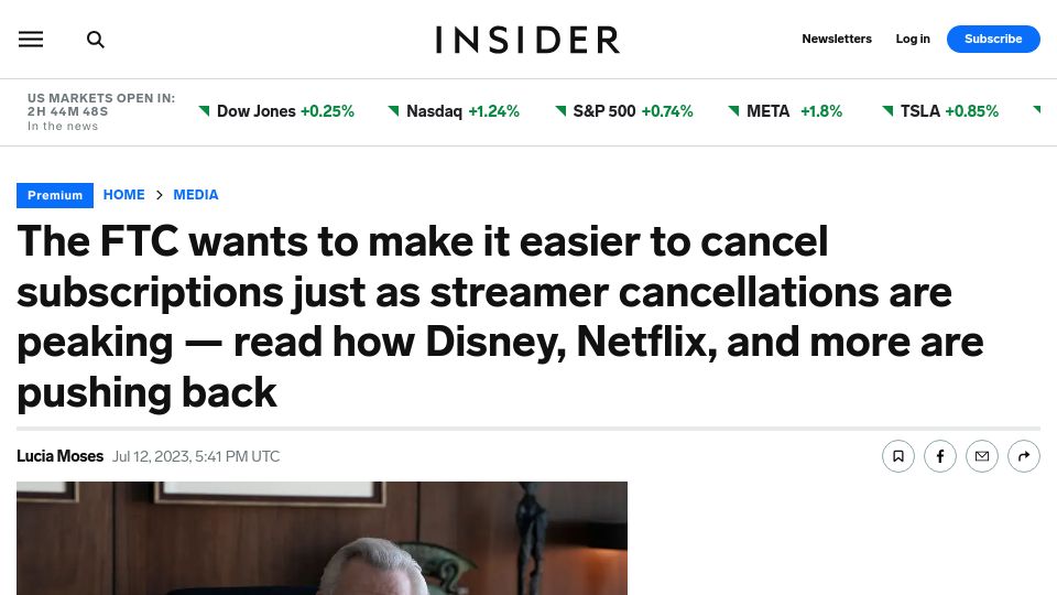 Screenshot of businessinsider.com: Disney, Netflix, and more are fighting FTC's 'click to cancel' proposal