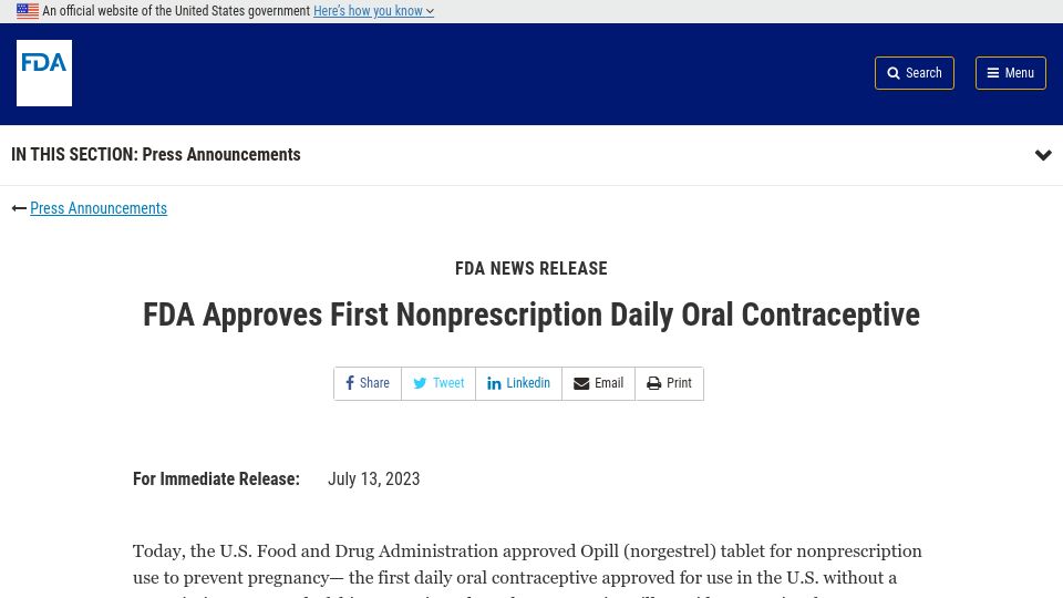 Screenshot of fda.gov: FDA approves first nonprescription daily oral contraceptive