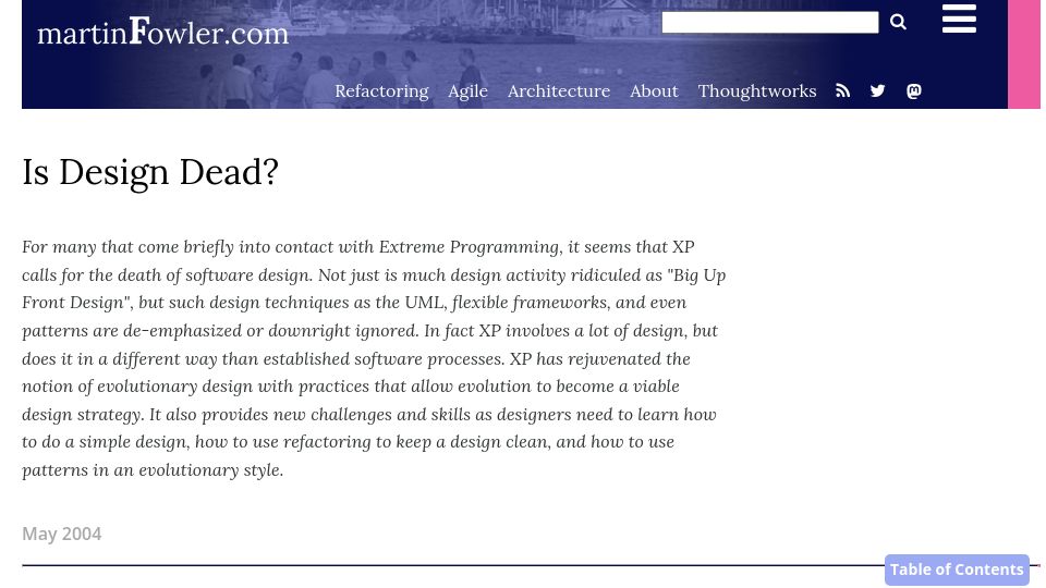 Screenshot of martinfowler.com: Is Design Dead? (2004)