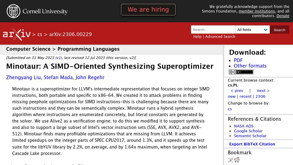Screenshot of arxiv.org: Minotaur: A SIMD-oriented synthesizing superoptimizer