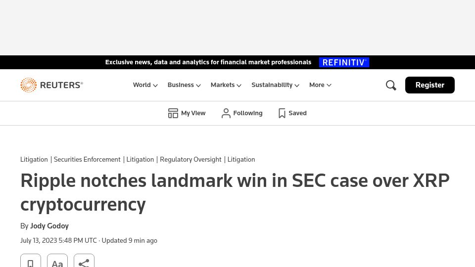 Screenshot of reuters.com: Ripple notches win in SEC case over XRP cryptocurrency