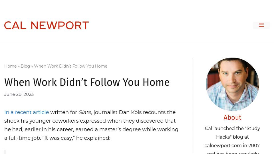 Screenshot of calnewport.com: When Work Didn’t Follow You Home