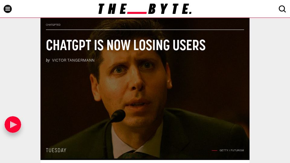Screenshot of futurism.com: ChatGPT Now Losing Users