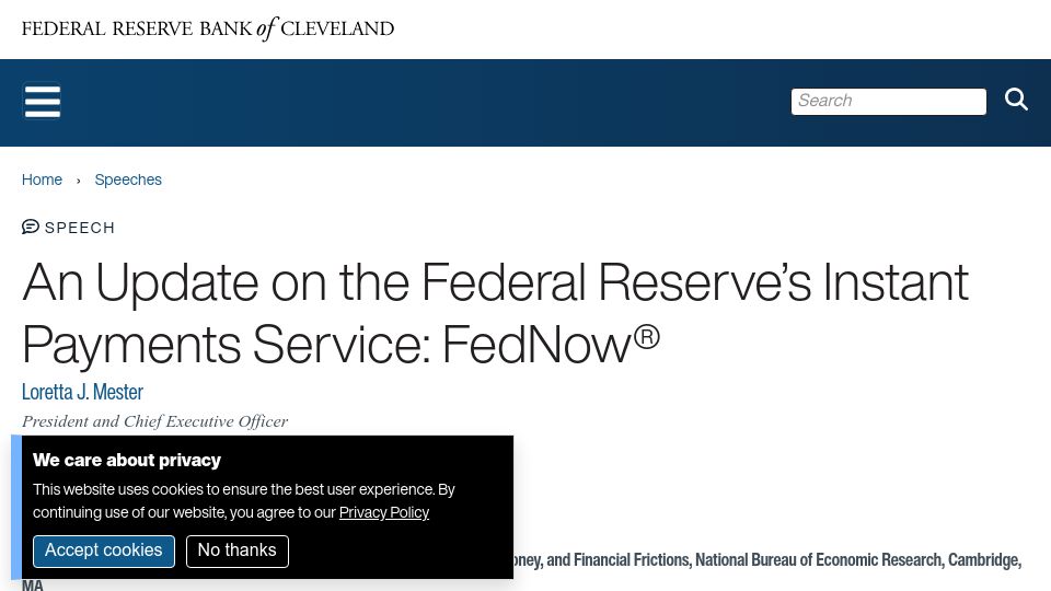 Screenshot of clevelandfed.org: An update on the Federal Reserve’s Instant Payments Service: FedNow