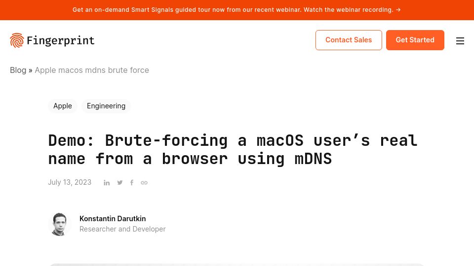 Screenshot of fingerprint.com: Brute-forcing a macOS user’s real name from a browser using mDNS