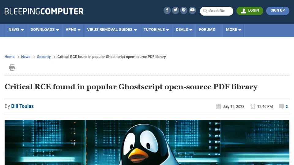 Screenshot of bleepingcomputer.com: Critical RCE found in popular Ghostscript open-source PDF library