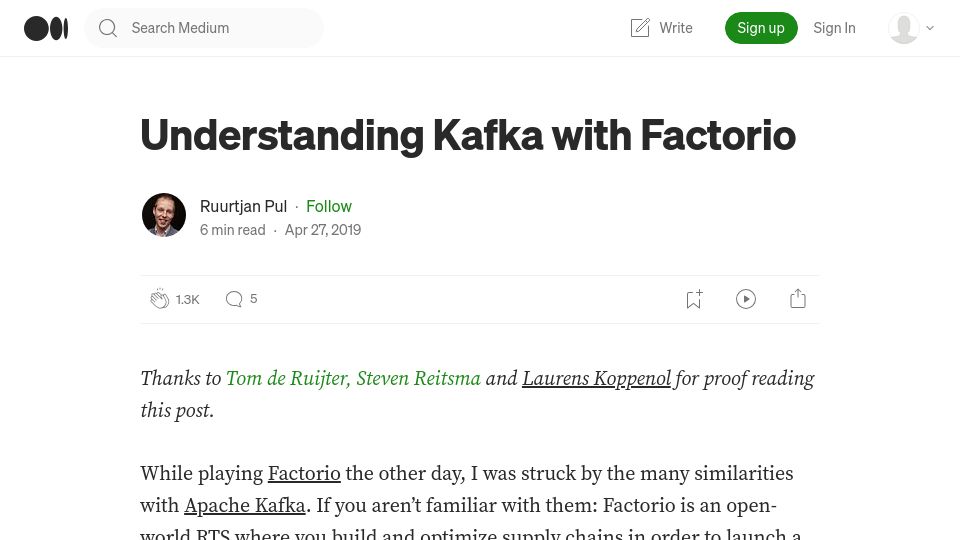 Screenshot of ruurtjan.medium.com: Understanding Kafka with Factorio (2019)