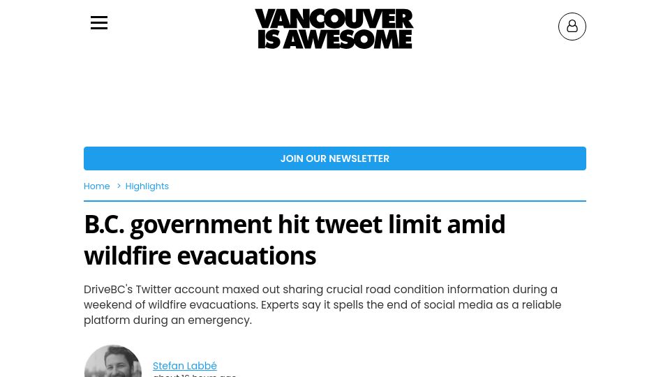 Screenshot of vancouverisawesome.com: B.C. government hit tweet limit amid wildfire evacuations