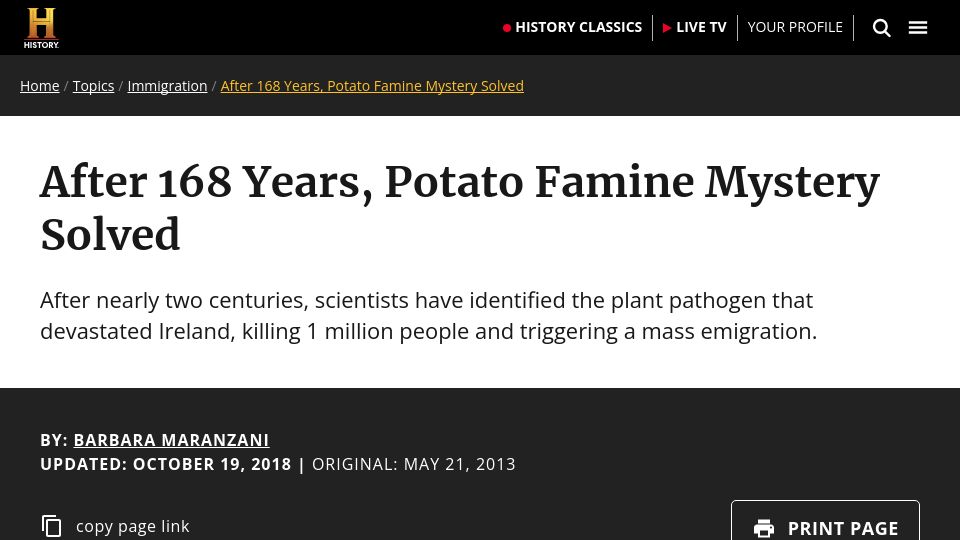 Screenshot of history.com: Scientists have identified the potato pathogen that devastated Ireland (2013)