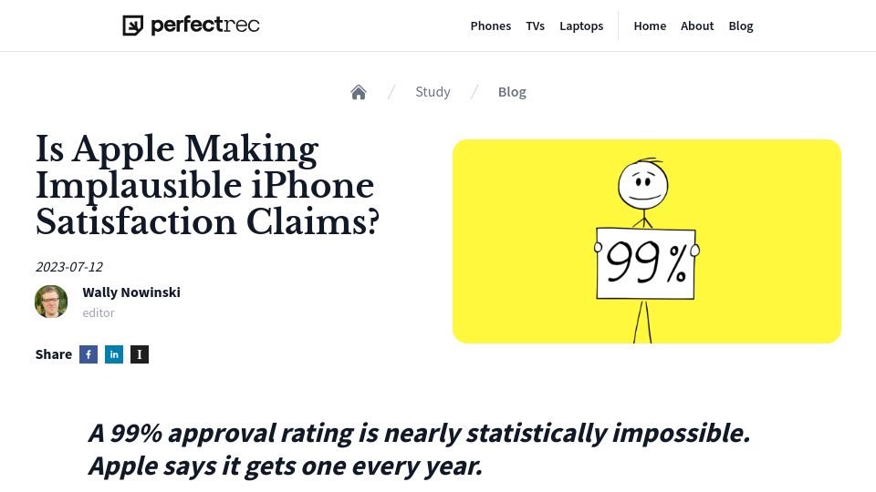 Screenshot of perfectrec.com: Is Apple making implausible iPhone satisfaction claims?