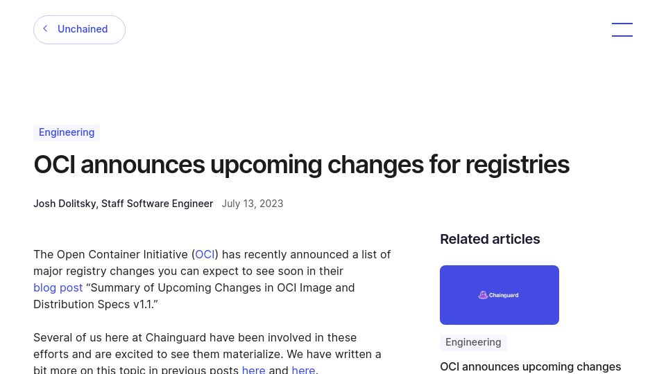 Screenshot of chainguard.dev: Open Container Initiative announces upcoming changes for registries