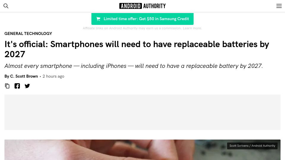 Screenshot of androidauthority.com: It's official: Smartphones will need to have replaceable batteries by 2027