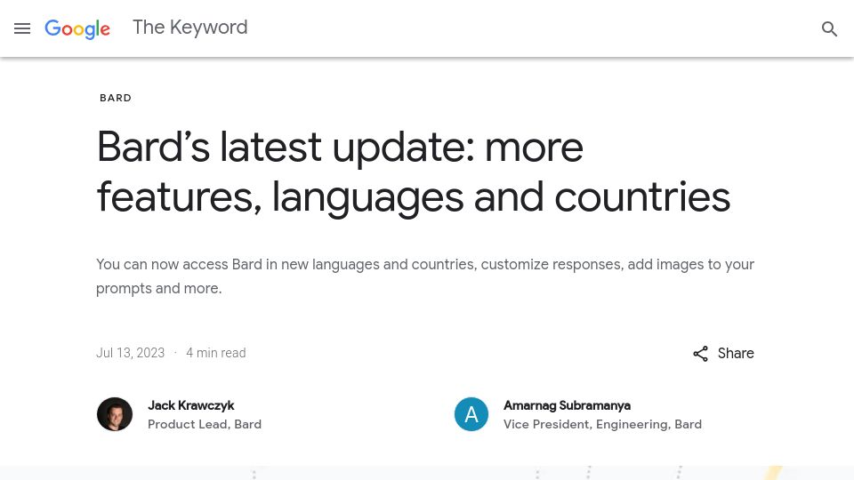 Screenshot of blog.google: Bard’s latest update: more features, languages and countries