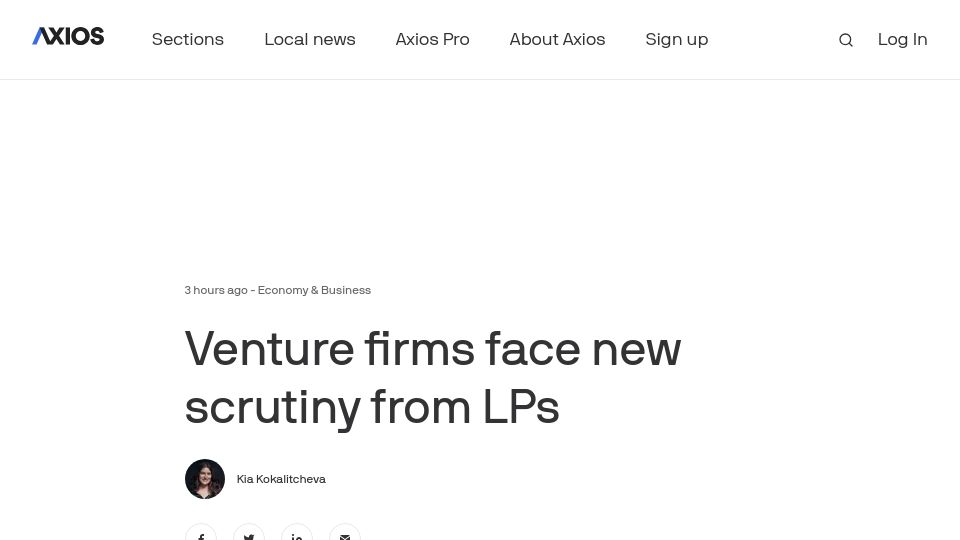 Screenshot of axios.com: VC firms face new scrutiny from LPs