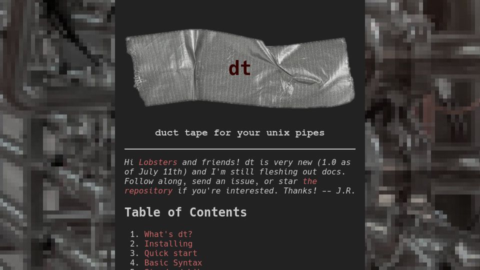Screenshot of dt.plumbing: Dt: Duck tape for your Unix pipes