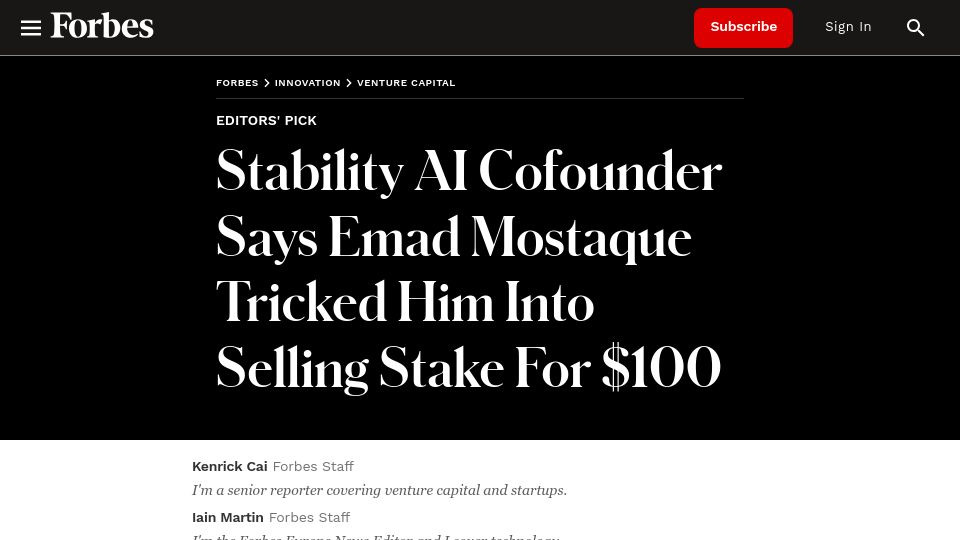 Screenshot of forbes.com: StabilityAI cofounder says CEO tricked him into selling stake for $100