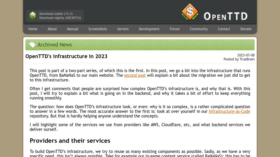 Screenshot of openttd.org: OpenTTD's Infrastructure in 2023