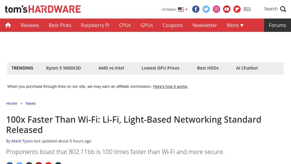 Screenshot of tomshardware.com: 100x Faster Than Wi-Fi: Light-Based Networking Standard Released
