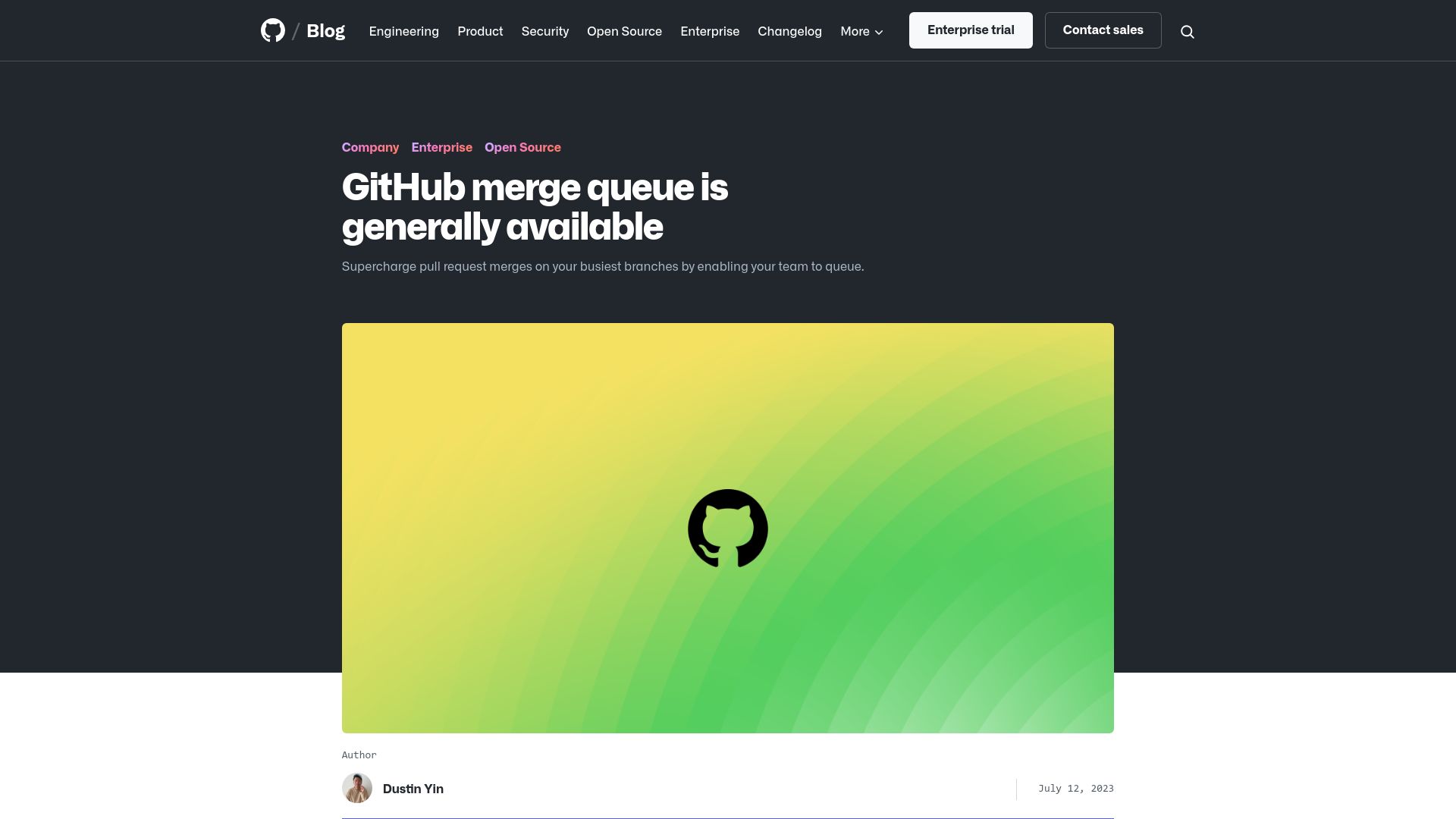 Screenshot of github.blog: GitHub merge queue is generally available