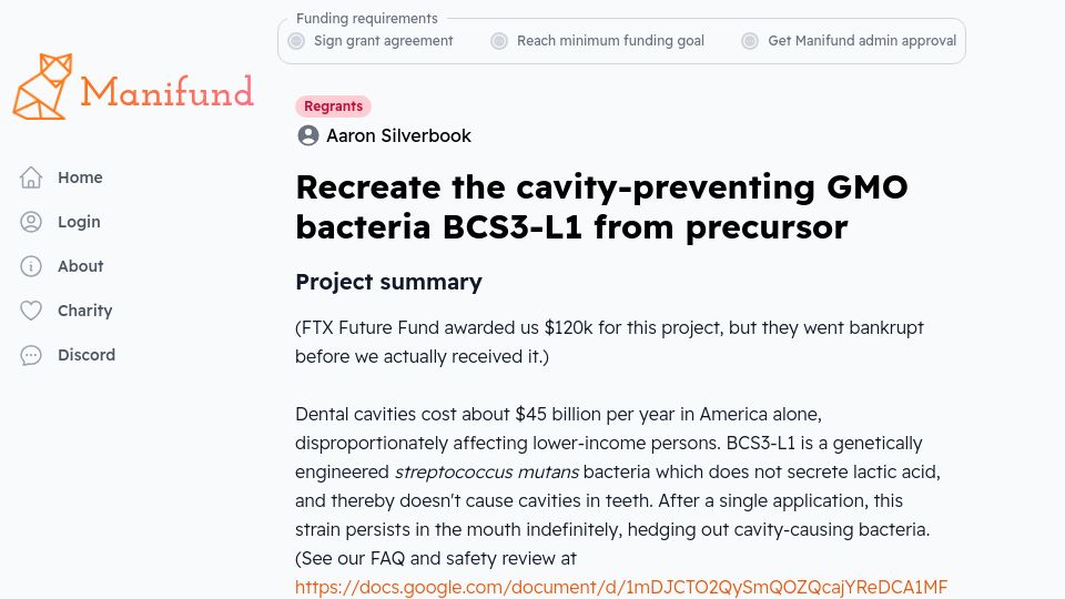 Screenshot of manifund.org: Recreate the cavity-preventing GMO bacteria BCS3-L1 from precursor