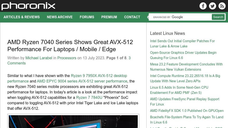 Screenshot of phoronix.com: AMD Ryzen 7040 Series Shows Great AVX-512 Performance for Laptops / Mobile