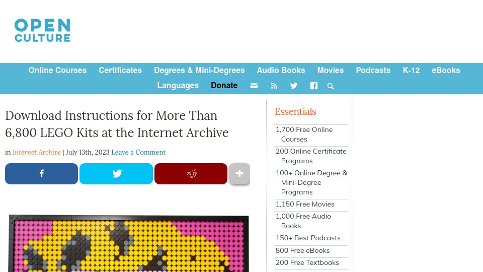 Screenshot of openculture.com: Download Instructions for More Than 6,800 Lego Kits at the Internet Archive