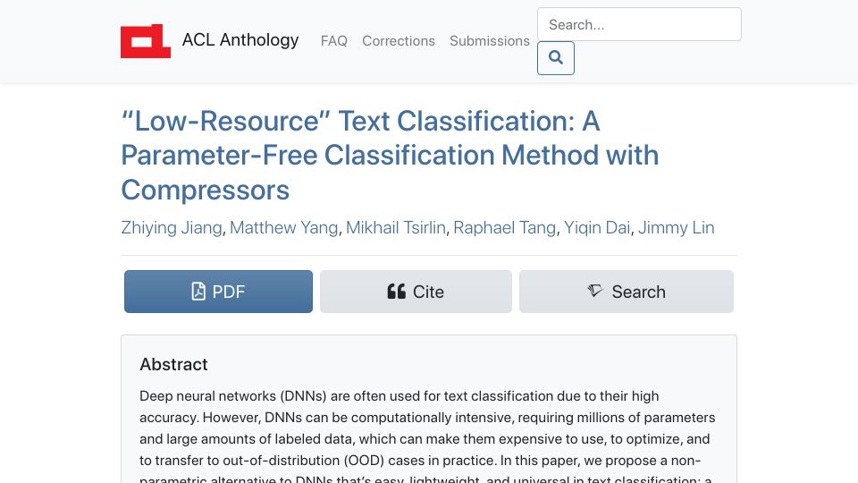 Screenshot of aclanthology.org: A Parameter-Free Classification Method with Compressors