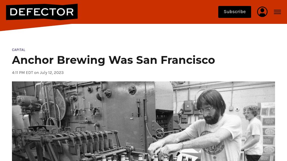 Screenshot of defector.com: Anchor Brewing Was San Francisco