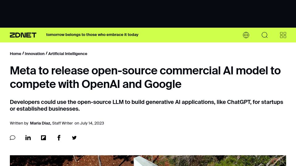 Screenshot of zdnet.com: Meta to release open-source commercial AI model