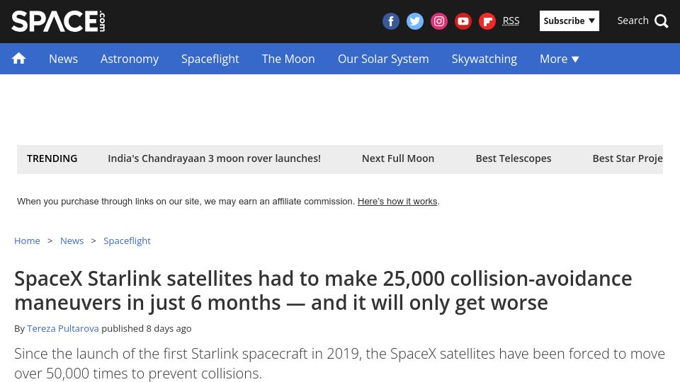 Screenshot of space.com: SpaceX Starlink satellites had to make 25,000 collision-avoidance maneuvers