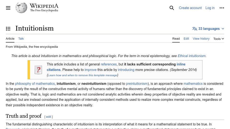 Screenshot of en.wikipedia.org: Intuitionism