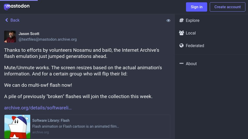 Screenshot of mastodon.archive.org: Internet Archive expands Flash support