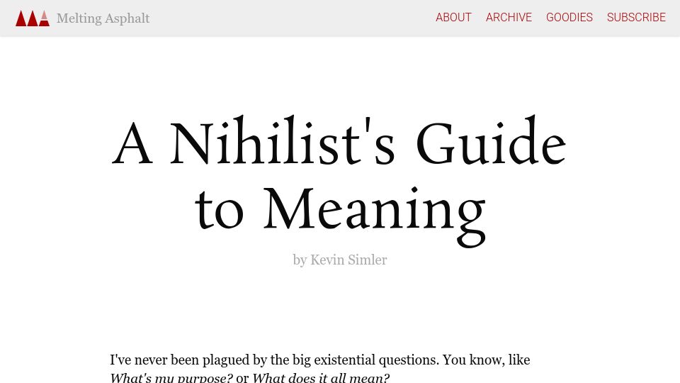 Screenshot of meltingasphalt.com: A Nihilist's Guide to Meaning (2016)