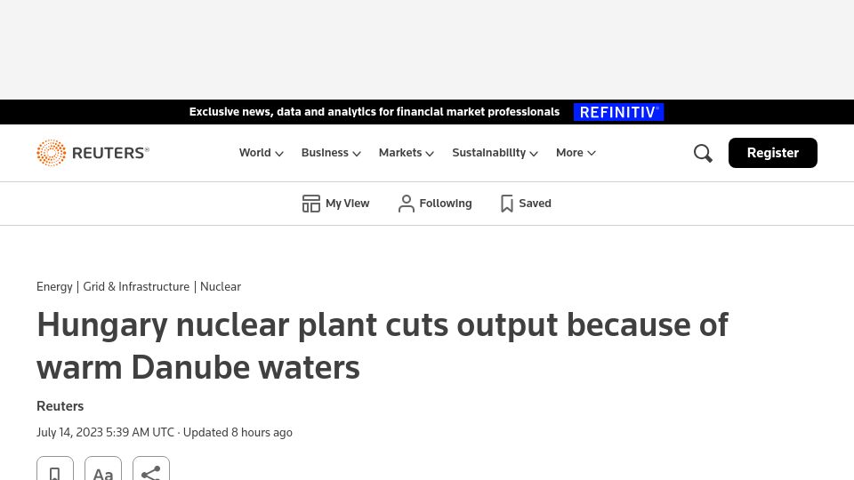 Screenshot of reuters.com: Hungary nuclear plant cuts output because of warm Danube waters