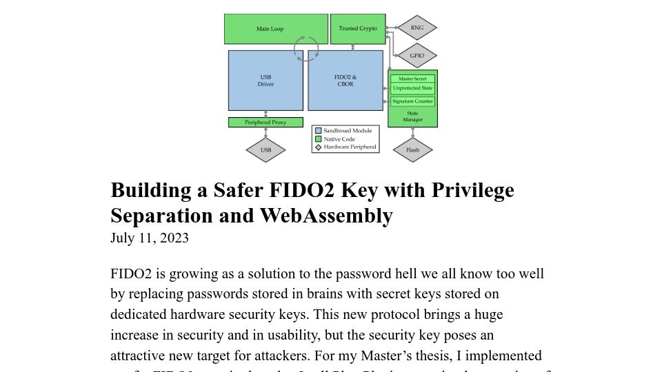 Screenshot of benkettle.xyz: Building a safer FIDO2 key with privilege separation and WebAssembly