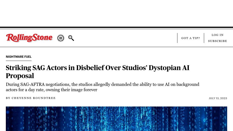 Screenshot of rollingstone.com: Striking Sag Actors in Disbelief over Studios’ Dystopian AI Proposal