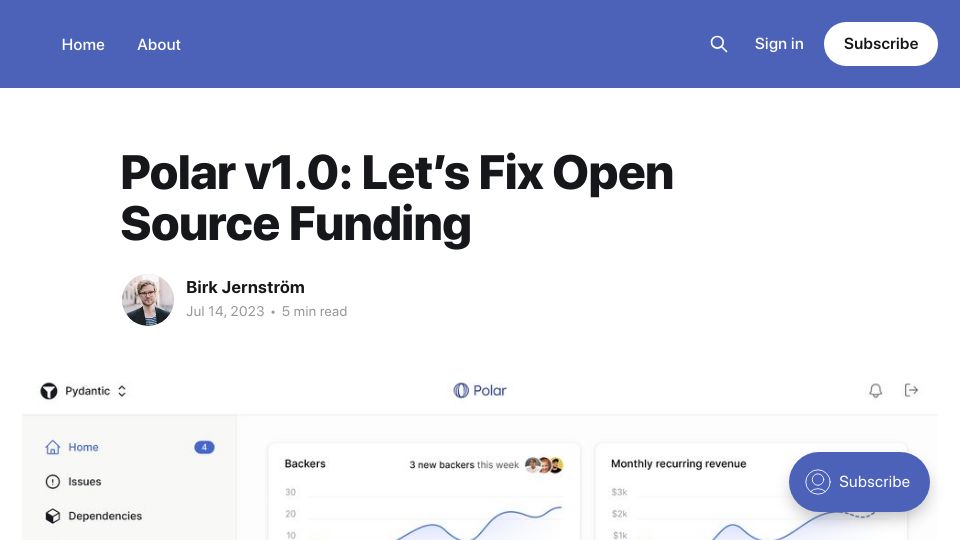 Screenshot of blog.polar.sh: Polar v1.0: Let’s Fix Open Source Funding