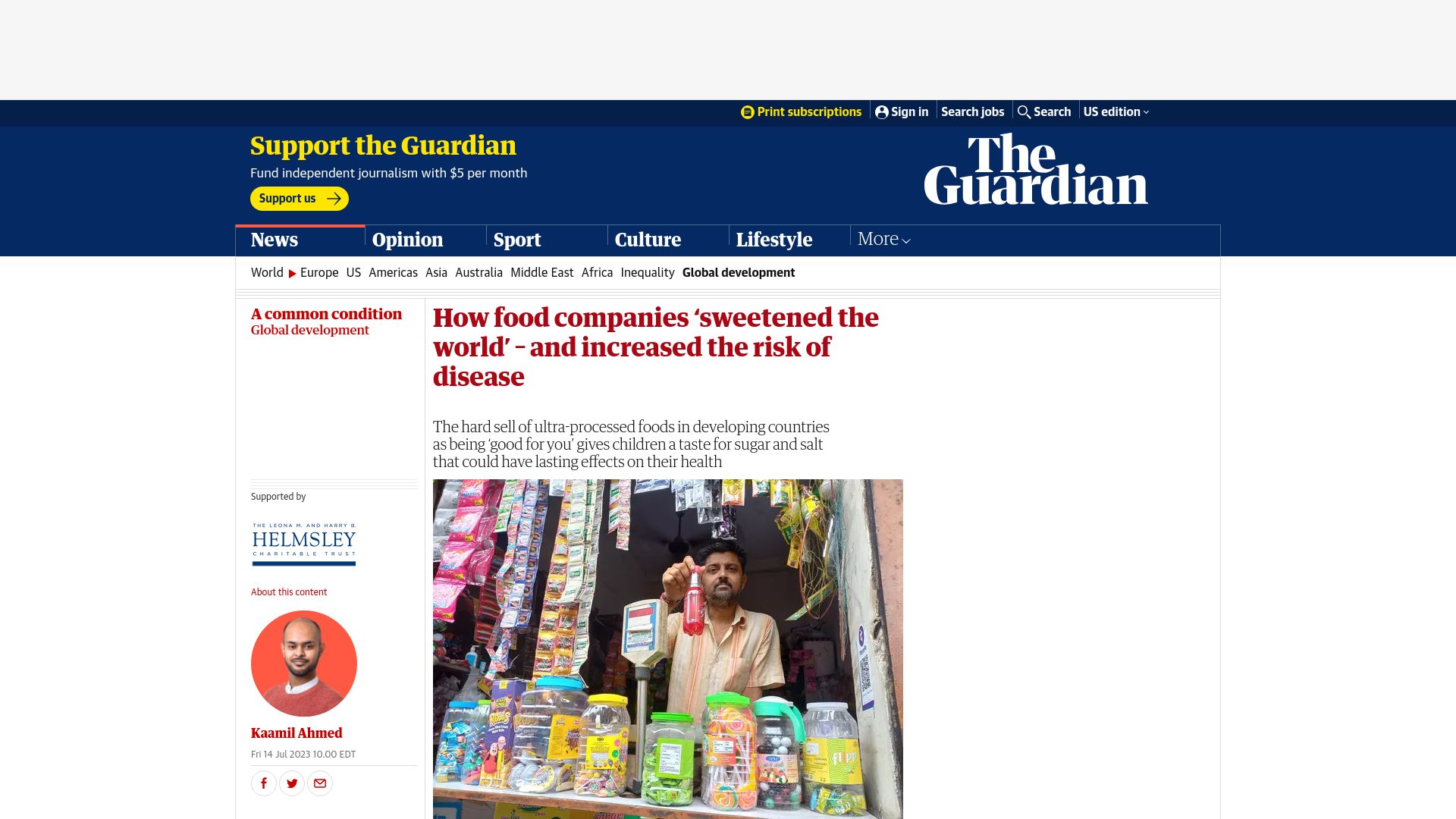 Screenshot of theguardian.com: Food companies ‘sweetened the world’ and increased the risk of disease
