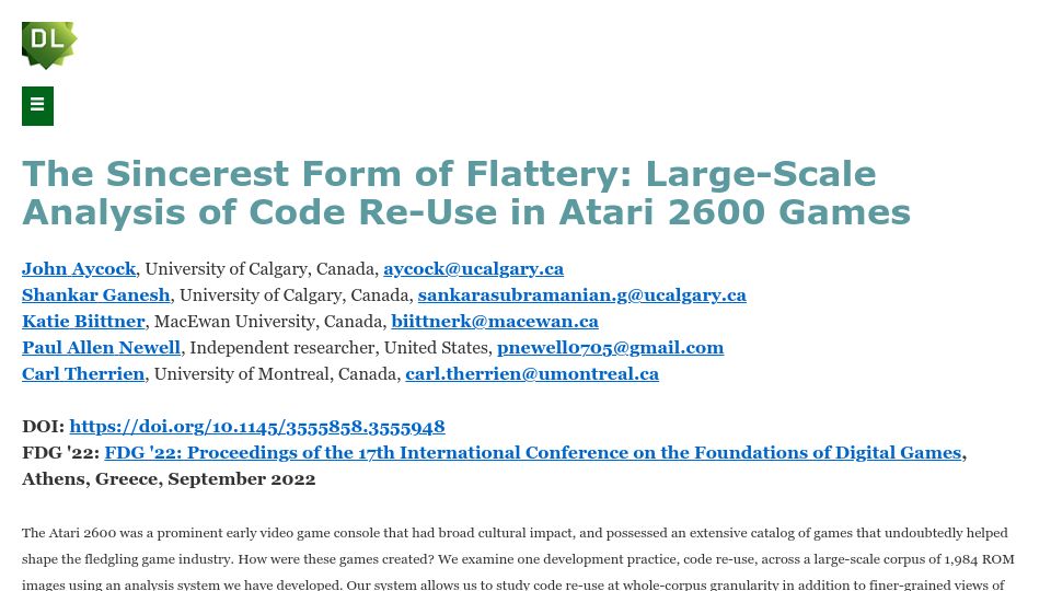 Screenshot of dl.acm.org: Large-scale analysis of code re-use in Atari 2600 games (2022)